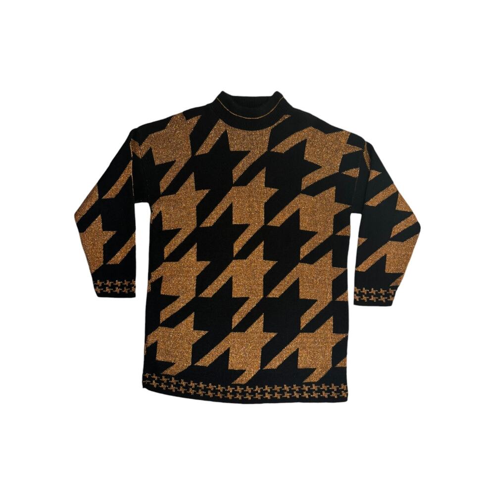 Vintage 80s Dana Scott Black Orange Metallic Sweater Dress Patterned M Mock Neck
